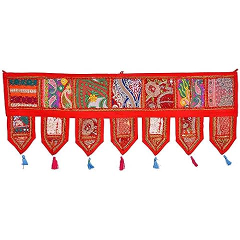Indian Patchwork Door Cotton Bohemian Ethnic Vintage Topper Window Treatment Valances Wall Hanging Boho Home Decor (Red) Cover