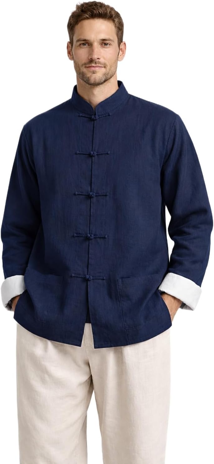 Lazutom Mens Cotton Linen Kung Fu Shirt Mandarin Collar Chinese Tang Suit Tai Chi Martial Arts Jacket Traditional Top