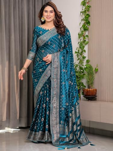 Image of ALMAARI FASHION Fendy Satin Foil Print Floral Saree with Tassels, Traditional Butti Motifs, 5.5m with 0.8m Blouse (FOIL 102 RAMA H)