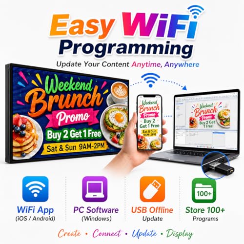 Image of CX P5 Outdoor LED Sign 65 inch x 34 inch, IP65 Waterproof Full-Color Programmable LED Display, 320 x 160 Pixel Digital Sign Board with WiFi & USB Control for Restaurants, Stores & Business Advertising