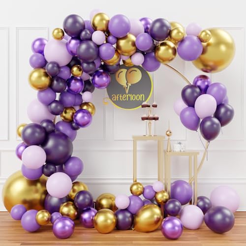 Image of AFTERLOON Biodegradable Natural Rubber Latex 140pcs Purple /Gold Metallic Confetti Different Sizes 18 inch 12 inch 10 inch 5 inch Plastic-Free Alternative Balloon Garland Arch Kit for kids Decor, Baby Shower, Wedding