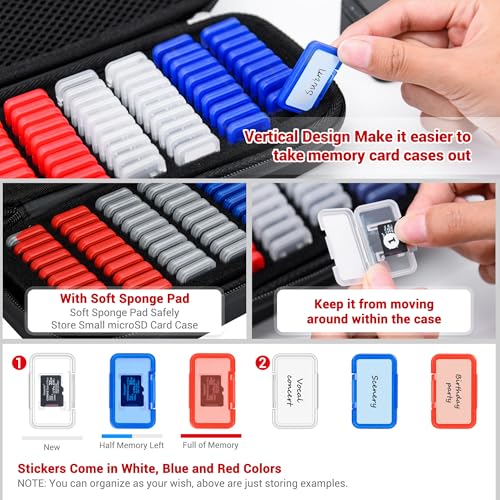 Image of EVA PU Micro SD Card Case with 60 Individual Plastic TF Card Holders - Water-Resistant, Anti-Shock Carrying Organizer with Handle & Label