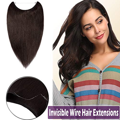 16"-22" Human Hair Hidden Wire Extensions Secret Fish Line Hair Extensions Long Straight No Clips No Glue Hairpieces Invisible Fish Line in 16" 60g #2 Dark Brown