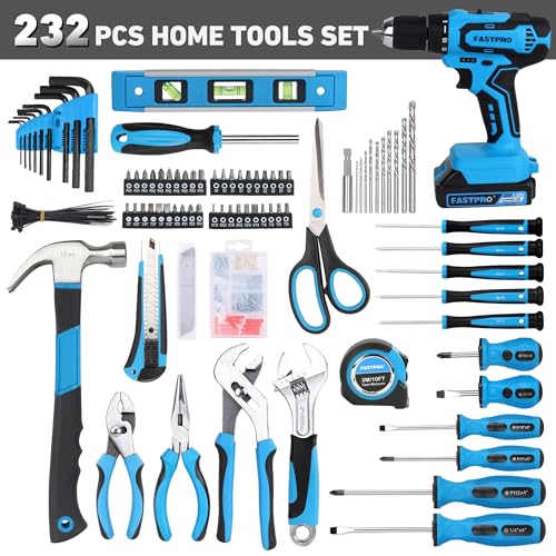 FASTPRO 232-Piece 20V Cordless Drill Driver & Home Tool Set, Home Repairing Tools Kit with Drill, 12-Inch Wide Mouth Open Storage Bag, Blue thumbnail 3