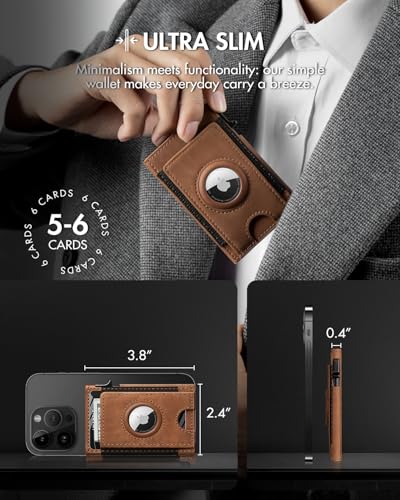 Airtag Wallet for Men, Slim Minimalist Mens Wallet with AirTag Holder, Front Pocket Smart Pop Up Air Tag Wallet Credit Card Holder with ID Window, RFID Blocking Gifts for Men(Brown)2