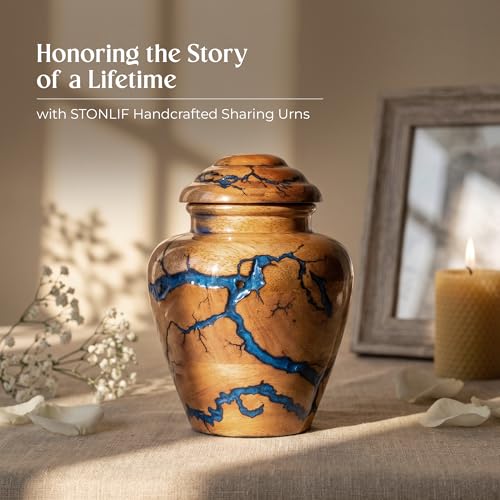 Image of Small Keepsake Urn for Human Ashes Adult - Handcrafted Wooden Mini Urn (20 Cubic Inches) - Blue Decorative Memorial Cremation Urn for Men & Women - Keepsake Urns for Sharing Ashes