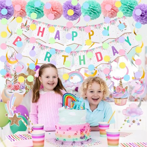 Image of Unicorn Birthday Decorations, Happy Birthday Banner,Unicorn Party Decor | 9pcs Tissue Paper Pom Poms,10pcs Hanging Swirls,Macaron Circle Dots Garland for Girls Bday Party Decorations