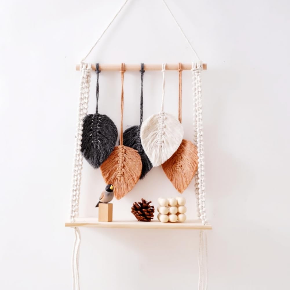 Macrame Wall Hanging Shelf- Feather Wall Decor - Boho Chic Woven Leaf Shelf Macrame Wall Hanging Plant Decor Shelf Boho Shelving for Plants