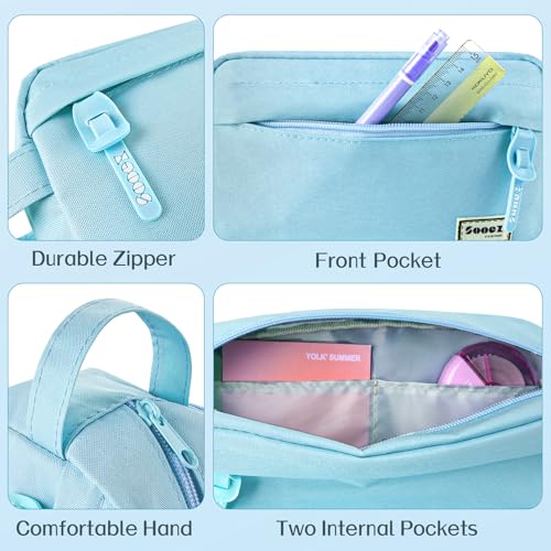 Image of Sooez Original High Capacity Pencil Case, Big Pencil Bag Pouch Box Organizer Pen Case, Aesthetic Supply for Girls Adults, Portable Journaling Supplies with Easy Grip Handle & Loop, Blue