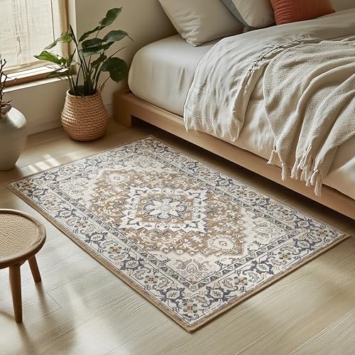 Lofus 2x3 Washable Rug for Entryway Bathroom, Non Slip Kitchen Mats for Floor, Vintage Soft Door Mat Indoor Entrance, Small Area Rugs, Farmhouse Carpet for Entry Living Room Bedroom, Floral Brown