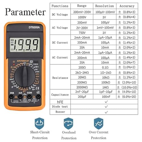 Image of DT-9205 Digital Multimeter | Auto & Manual Ranging | AC /DC Voltage, Current, Resistance, Continuity, Diode, Transistor Test | Portable Handheld LCD Meter for Electronics & Home Use