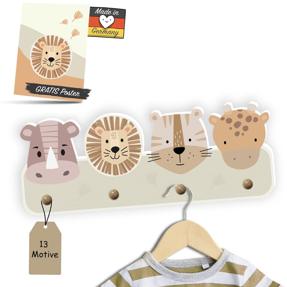 Safari Natur Kindergarderobe in Naturfarben inkl. A4 Poster - Garderobe Kinder Edition mit 4 Haken - Wunderschöne Kinder Garderoben Deko - Kindergarderobe Maße (38 x 15 x 5 cm)