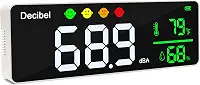 Medidor de decibéis para pendurar na parede, medidor de nível sonoro grande de 28 cm, visor de LED, temperatura e umidade, com indicador de ícones de alarme, amplas aplicações para sala de aula,