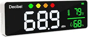 Medidor de decibéis para pendurar na parede, medidor de nível sonoro grande de 28 cm, visor de LED, temperatura e umidade, com indicador de ícones de alarme, amplas aplicações para sala de aula,