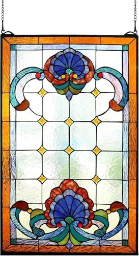 Yogoart Extra Large Horizontal Blue Victorian Stained Glass Window Panels Hanging Transom Window Panels (32 X 20)