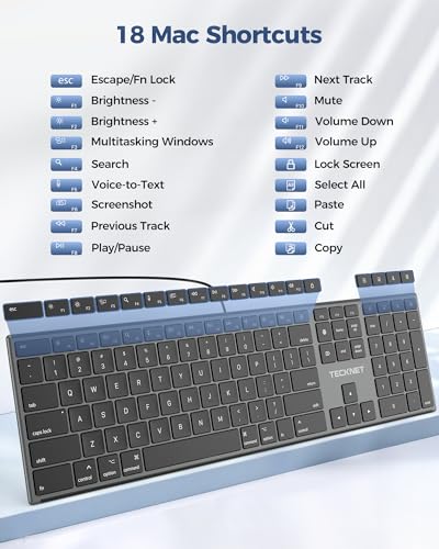 Image of TECKNET Wired Keyboard for Mac, USB & Type-C Dual Interface, Silent Click | Ultra-Slim Keyboard, Full Size with Numeric Keypad, Compatible with Apple MacBook Pro /Air, iMac Pro /mini
