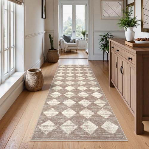Lahome Moroccan Treills 2x8 Washable Hallway Runner Rug, Non Slip Bathroom Kitchen Carpet Runners, Checkered Modern Soft Runner for Entryway Living Room, Beige 2' x 8' (Runner) Beige