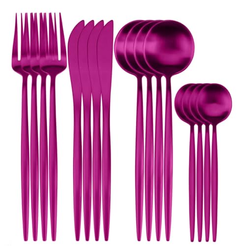 Image of 16 pcs Flatware Set,Pink Silverware Set for 4, Knife Fork Spoon, Stainless Steel Home Dinnerware Tableware,Mixed Cutlery Set Eating Utensils for Restaurants (16 Pcs Pink)