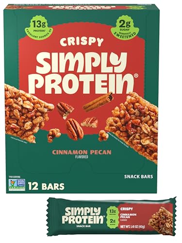 Simply Protein - Cinnamon Pecan Crispy Bars - Plant Based Protein Bars - Low Carb, Low Sugar, High Fiber - 13g Protein, 2g Sugar, 7g Fiber - Vegan, Gluten Free, Non GMO, Kosher - 12 Bars