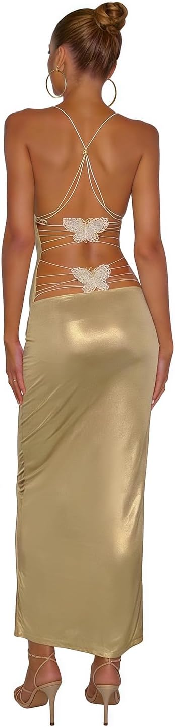Women's Fairy Butterfly Maxi Dress Sexy Sleeveless Backless Long Dress Bandage String Bodycon Beach Club Party Dress