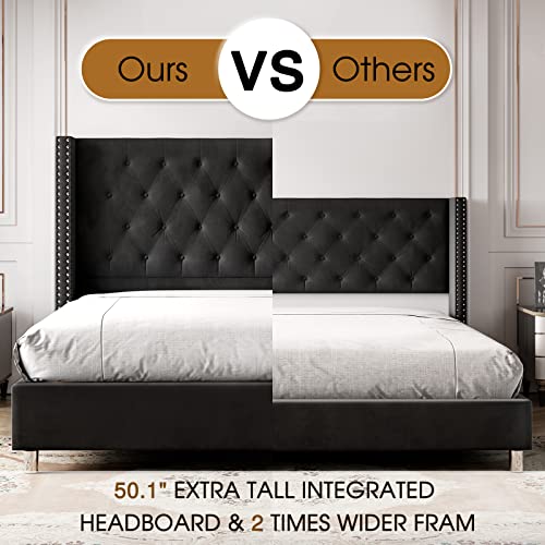 Papajet Tufted Upholstered Platform Bed Frame King Size Velvet Low Profile Platform Beds Raised Wingback Headboard With Strong Wooden Slats/Mattress Foundation/Easy Assembly Black Velvet Bed Frame #TOP4