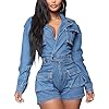 HannahZone Womens Casual Denim Romper Sexy Long Sleeve Elastic Button Down Jean Jumpsuits with Pockets