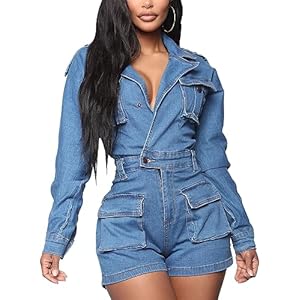 HannahZone Womens Casual Denim Romper Sexy Long Sleeve Elastic Button Down Jean Jumpsuits with Pockets