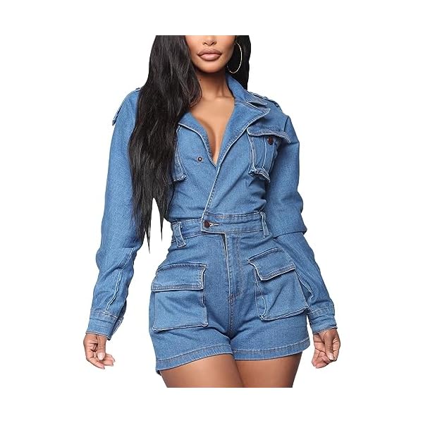 HannahZone Womens Casual Denim Romper Sexy Long Sleeve Elastic Button Down Jean Jumpsuits with Pockets