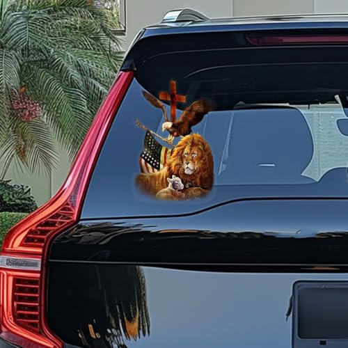 Image of Premium Lion Family Car Sticker with Jesus Cross & Eagle Holding American Flag - Durable & Waterproof Vinyl Decal for Car Window - Christian Gift for Jesus Believers - 9 x 6 Inches