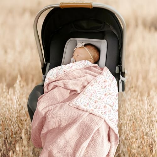 Image of lulumoon Muslin Baby Blanket for Girls - Soft Cotton for Newborn - 4 Layer Reversible Breathable Floral Receiving Blanket for Nursery Crib and Stroller 47 inchx47 inch (Pink Flower)