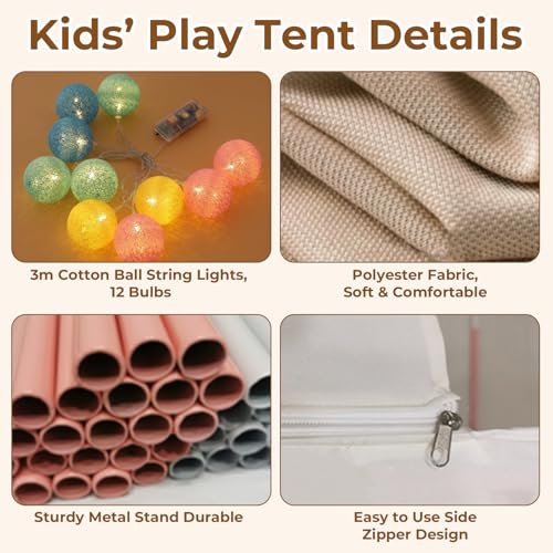 Aolawco Kid Play Tent with Lights, Kids House Indoor & Outdoor,Toddlers Play Tent with Windows - Large Princess Tent for Kids, Castle Fairy Tents -Toy House Gift for Boys & Girls- Khaki-130*105*120 cm - Image 5