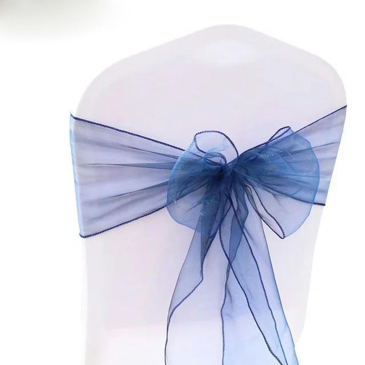 szarfy na krzesła, 25 sztuk/zestaw przezroczysta organza tiulowa tkanina na krzesło szarfa z kokardką dekoracja weselna i bankietowa(Navy Blue)