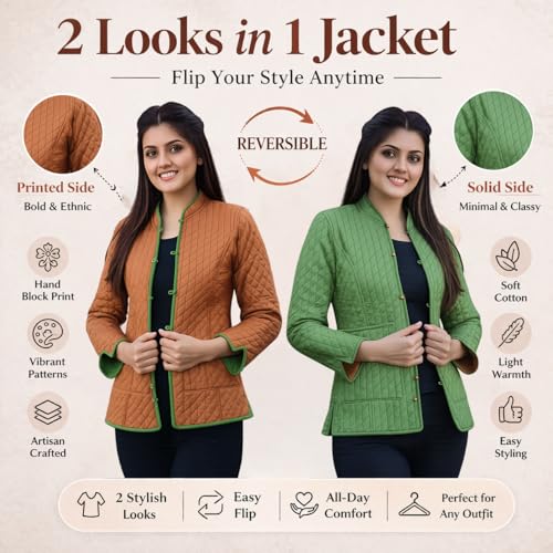 Image of Cotton Quilted Jacket for Winter | Warm Lightweight, Soft Quilted Reversible, Casual Jackets for Women | Stylish Cotton Outerwear | Breathable & Comfortable