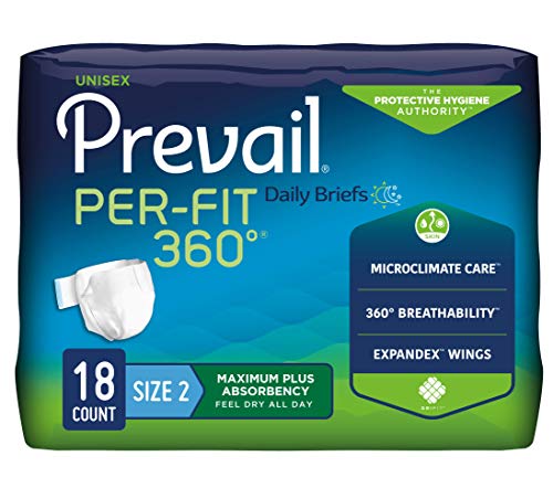 Prevail Per-Fit 360 Daily Incontinence Briefs - Unisex Adult Incontinence Briefs with Tabs - Disposable Adult Diaper for Men& Women - Maximum Plus Absorbency - Size 2, 18 Count Bag