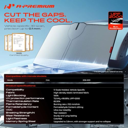 Image of A-Premium Windshield Sun Shad Compatible with Honda Civic 2016-2021 | Foldable Car Sun Shade with Storage Bag, Blocks Heat & UV Rays, Keeps Vehicle Cooler Accessories