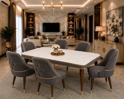 Image of WOODEN SPACE 6-Seater Wooden Dining Table Set | Nano Composite Marble Top | Solid Wood Base | Modern Dining Room Furniture with 6 Chairs (Dark Grey Grand Aura)