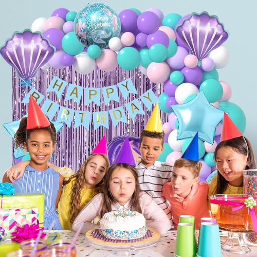 Image of Rozi Decoration Mermaid Birthday Party Decoration Set, 61 Pieces, Purple and Turquoise Balloon Arch Kit with Banner, Shell Balloons, Foil Curtain
