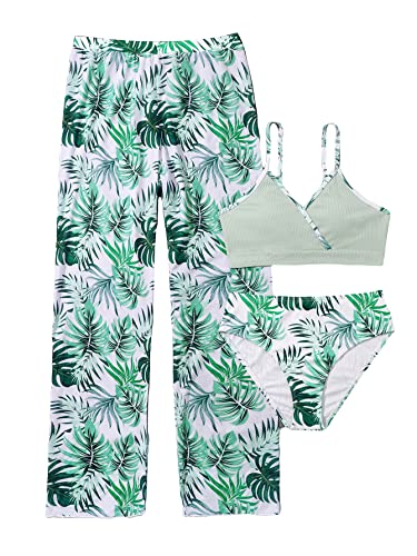 SHENHE Girl's 3 Pieces Bikini Bathing Suit Tropical Print High Waist Swimsuit Cover Up Sets