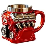 V8 エンジンコーヒーマグ、ヴィンテージ樹脂メカニカルコーヒーカップ、ステンレススチールインナー付き、ハンドル付き二重壁断熱カーマグ、ノティ 3D エンジンスタイルドリンクウェア、男性、車愛好家向け