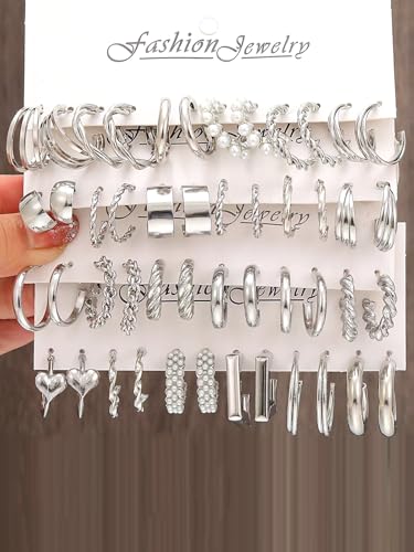 24 Pairs Silver Earring Set for Women, Chunky Earring Multi-pack,Trendy Big Small Open Hoop Earring,Hoop Earrings Set for Party