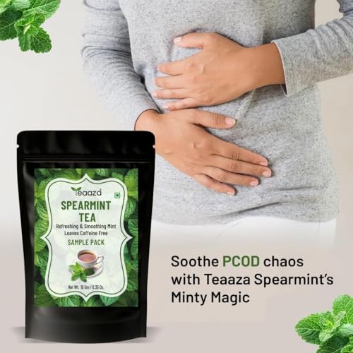 Image of TEAAZA Organic Spearmint Tea Leaves 10Gm Caffeine-Free Herbal Spearmint Tea For PCOS|SUPPORTS HORMONE BALANCE,ACNE,FACIAL HAIR & PCOS RELIEF|Fresh Minty Flavor,100% Natural,Spearmint leaves