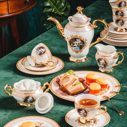 Zestaw filiżanek do kawy z porcelany kostnej – dzbanek do kawy w stylu brytyjskiego pałacu z luksusowymi filiżankami do herbaty, idealne akcesoria kuchenne i prezent ślubny