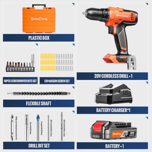 Image of DongCheng 20V Cordless Drilling Machine, 40Nm Torque, 350W Copper Motor, 18+1 Settings, 2-Speed 0-1500 RPM, 2.0Ah Battery and Charger, 16Pcs Drill Accessories for Professional & Home Use