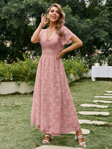 Image of Simplee Women's Boho Floral Maxi Dress Flowy Casual V Neck Short Sleeve Wedding Guest Holiday Beach Long Dress