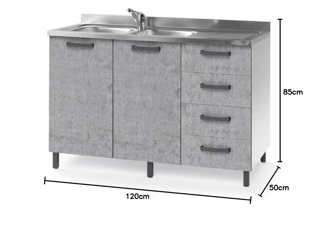 Sottolavello 120 Solo Mobile Cucina con 4 Cassetti e 2 Ante in Legno Made in Italy H85xL120xP50 cm Facile da Montare (Vasca a Sinistra, Cemento)