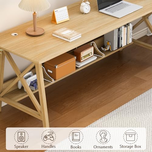 NELYE Extra Long Desk with Bookshelf - Wooden Home Office Work Study Table, Writing Computer Workstation with Storage Shelf in Oak, 55" Wx20 Dx30 H