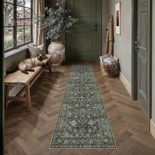 Image of PureCozy Washable Runner Rug 60x240cm for Hallway Floral Carpet, Green