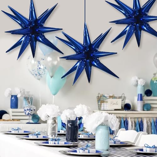 Image of TONIFUL 4 Pcs Star Balloons Navy Blue Foil Explosion Party Decoration | Large Mylar Star Balloon for Pastel Blue Party Decor Boys Birthday Wedding Bridal Shower Baby Shower Photo Booth Supplies