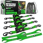Rhino USA Retractable Ratchet Straps (4-Pack) - 1 Inch x 10 Feet (1,209lb Break Strength) - Auto Self Retracting Tie Down Straps for Truck, Cargo Trailer, Motorcycle, Rad & More - Green