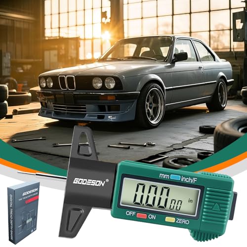Image of GODESON Tire Tread Depth Gauge - Large LCD Screen with Inches /Millimeters /Fraction Units, Zero Reset Function, Digital Tire Depth Gauge for Car, Truck, SUV, Green Tread Wear Measurement - 0-25.4mm